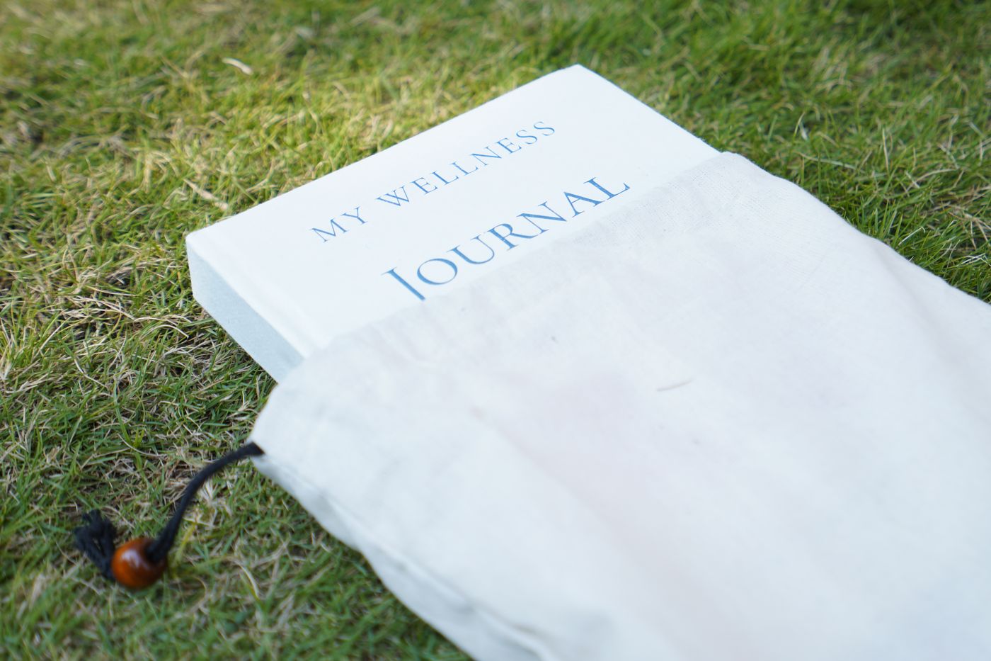 My Wellness Journal tucked into its linen drawstring pouch on the grass